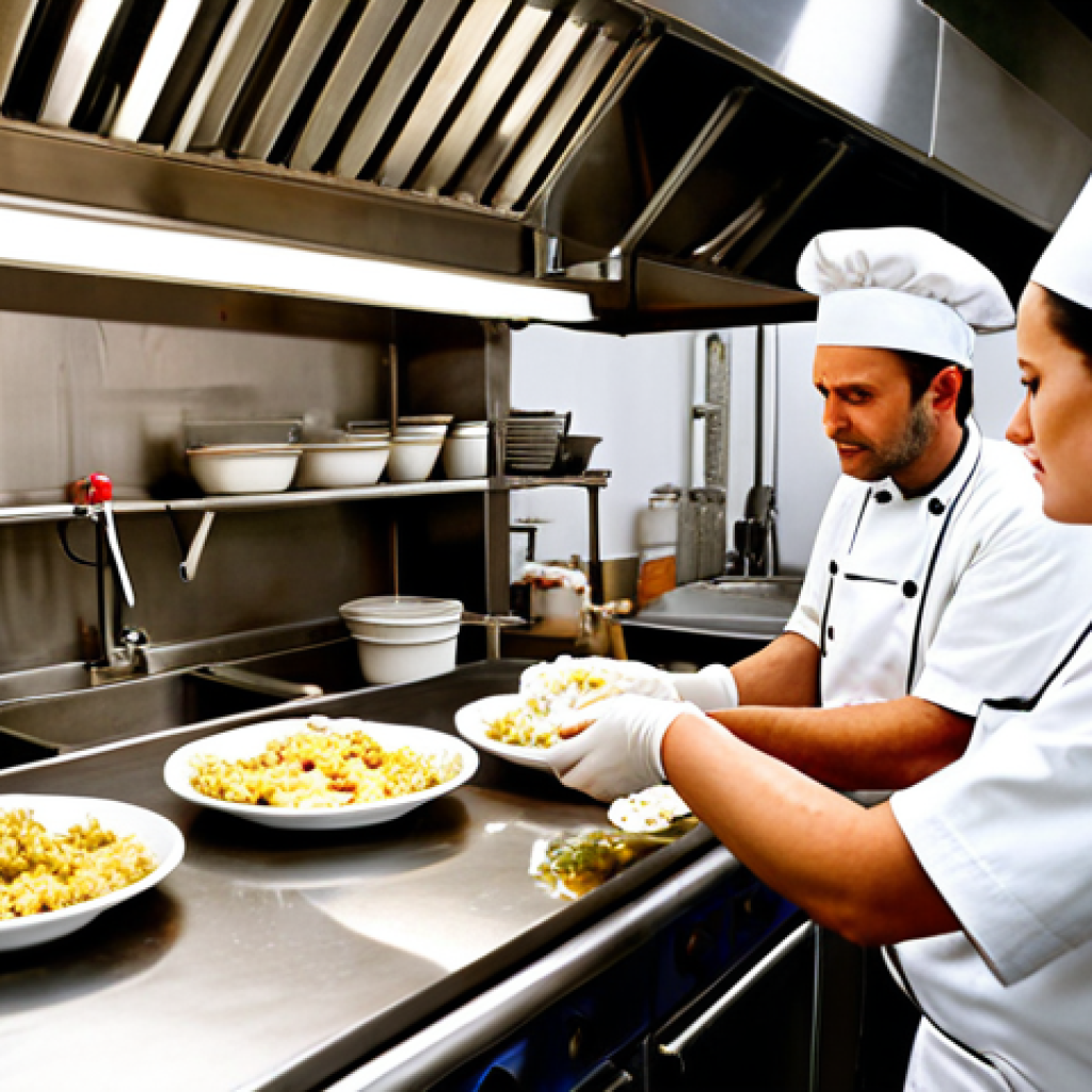 **

A bustling commercial kitchen. Focus on hygiene practices: chefs washing hands, properly stored food, clean stainless steel surfaces. Emphasis on a food hygiene certificate displayed prominently. The overall impression should be a safe and professional culinary environment.

**
