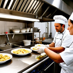**

A bustling commercial kitchen. Focus on hygiene practices: chefs washing hands, properly stored food, clean stainless steel surfaces. Emphasis on a food hygiene certificate displayed prominently. The overall impression should be a safe and professional culinary environment.

**