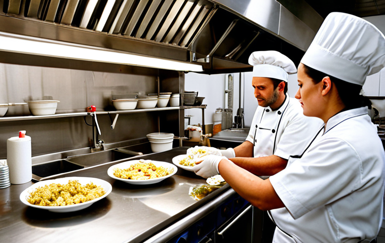 **

A bustling commercial kitchen. Focus on hygiene practices: chefs washing hands, properly stored food, clean stainless steel surfaces. Emphasis on a food hygiene certificate displayed prominently. The overall impression should be a safe and professional culinary environment.

**